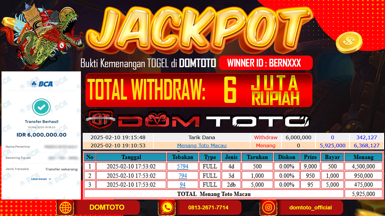 JACKPOT TOGEL TOTOMACAU 4D 10 FEBRUARI 2025